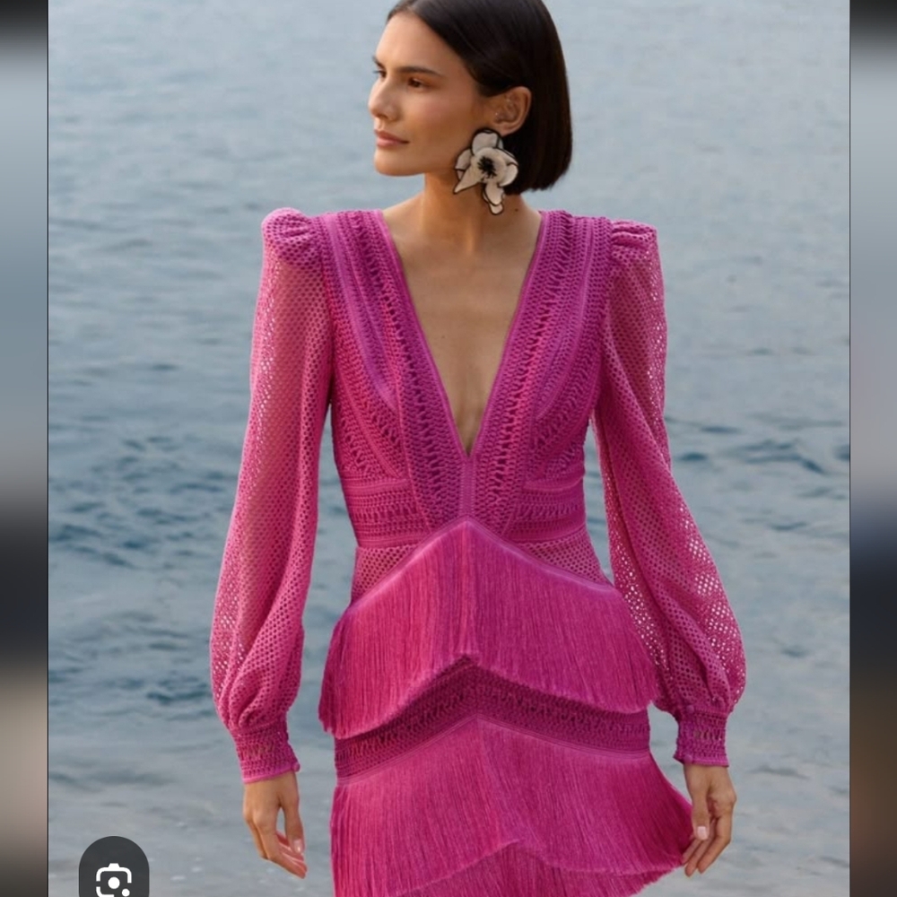 SOLD PatBO Long Sleeve Fringe Mini Dress - Picture 1 of 14